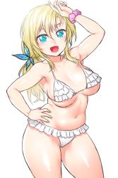 Rule 34 | 10s, 1girl, aqua eyes, armpits, bikini, blonde hair, blush, boku wa tomodachi ga sukunai, breasts, bug, butterfly, butterfly hair ornament, cleavage, collarbone, fang, frilled bikini, frills, hair ornament, hand on own hip, highres, insect, kashiwazaki sena, large breasts, long hair, looking at viewer, navel, onsoku inu, open mouth, plump, scrunchie, simple background, smile, solo, standing, swimsuit, white background, white bikini, wrist scrunchie