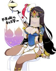 Rule 34 | 1girl, bandaged arm, bandages, black hair, breasts, building, caster of the nocturnal castle, circlet, commentary request, dark-skinned female, dark skin, fate/grand order, fate (series), forehead jewel, gem, green eyes, hat, holding, jewelry, lamp, large breasts, long hair, looking at viewer, mashuu masaki, mouth veil, navel, scheherazade (fate), silhouette, simple background, sitting, solo, thumb ring, translation request, veil, white background