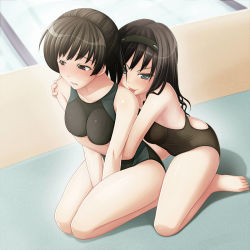 Rule 34 | 2girls, amagami, arm grab, bare legs, bare shoulders, barefoot, black eyes, black hair, blue eyes, blush, breast hold, breasts, collarbone, competition swimsuit, embarrassed, feet, friends, hairband, hug, hug from behind, legs, licking, long hair, looking at viewer, morishima haruka, multiple girls, naughty face, one-piece swimsuit, ponytail, pool, short hair, shy, smile, swimsuit, takacchi, tongue, tsukahara hibiki, v arms, yuri