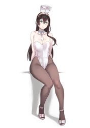 Rule 34 | 1girl, alternate costume, animal ears, arms behind back, bare arms, bare shoulders, black hair, blush, breasts, brown pantyhose, closed mouth, collarbone, commentary request, detached collar, fake animal ears, full body, glasses, green eyes, groin, hairband, high heels, highleg, highleg leotard, highres, kantai collection, legs, leotard, long hair, looking at viewer, necktie, ooyodo (kancolle), pantyhose, playboy bunny, rabbit ears, semi-rimless eyewear, simple background, small breasts, smile, solo, strapless, strapless leotard, thighs, under-rim eyewear, white background, yuuji (and)