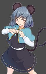 Rule 34 | 1girl, animal ears, black background, black shirt, black skirt, blue capelet, capelet, closed mouth, cowboy shot, grey hair, highres, holding, holding jewelry, holding necklace, jewelry, kakone, long sleeves, looking at viewer, mouse ears, mouse tail, nazrin, necklace, one-hour drawing challenge, pendant, red eyes, shirt, short hair, simple background, skirt, smile, solo, standing, tail, touhou