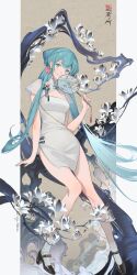 Rule 34 | 1girl, absurdres, alternate costume, alternate hairstyle, aqua eyes, aqua hair, artist request, banned artist, blush, branch, breasts, china dress, chinese clothes, clothing cutout, dress, flower, green eyes, green hair, hair flower, hair ornament, hand fan, hatsune miku, highres, holding, holding fan, long hair, looking at viewer, low twintails, medium breasts, nail polish, nay akane, official alternate costume, official alternate hairstyle, pelvic curtain, ribbon, shaohua hatsune miku, short socks, shrug (clothing), side slit, smile, socks, solo, transparent fan, tuanshan, twintails, very long hair, vocaloid, white dress