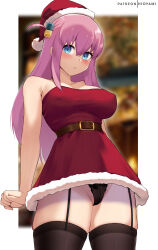 Rule 34 | 1girl, absurdres, bare shoulders, belt, black thighhighs, blue eyes, blush, bocchi the rock!, breasts, cleavage, collarbone, covered erect nipples, cube hair ornament, dress, fur-trimmed dress, fur-trimmed headwear, fur trim, gotoh hitori, hair between eyes, hair ornament, hat, highres, hioyami, large breasts, long hair, looking at viewer, one side up, pink hair, red dress, santa dress, santa hat, solo, thighhighs, thighs