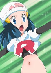 Rule 34 | 1girl, :o, alternate costume, beanie, black gloves, blue eyes, blue hair, commentary request, creatures (company), cropped jacket, dawn (pokemon), elbow gloves, eyelashes, game freak, gloves, hainchu, hair ornament, hairclip, hat, highres, jacket, long hair, midriff, navel, nintendo, open mouth, outstretched arms, pokemon, pokemon (anime), pokemon dppt (anime), solo, sparkle, team rocket, team rocket uniform, tongue, upper body, white hat, white jacket