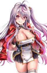 Rule 34 | 1girl, absurdres, azur lane, blush, breasts, brown gloves, buko (bukosuki), cleavage, commission, dress, feet out of frame, fingerless gloves, gloves, grenville (azur lane), grey hair, hands on own chest, highres, jacket, large breasts, long hair, looking at viewer, mouth hold, multicolored hair, open clothes, open jacket, open mouth, parted lips, pixiv commission, purple hair, red eyes, red jacket, side ponytail, smile, solo, standing, teeth hold, thighhighs, white background, white thighhighs