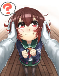 Rule 34 | 1boy, 1girl, ?, admiral (kancolle), bad id, bad pixiv id, blue jacket, brown hair, crescent, crescent pin, gloves, gradient hair, green skirt, hands on another&#039;s cheeks, hands on another&#039;s face, hands on own cheeks, hands on own face, highres, jacket, kantai collection, long sleeves, military, military uniform, multicolored hair, mutsuki (kancolle), naval uniform, neckerchief, pantyhose, remodel (kantai collection), school uniform, short hair, skirt, uniform, wavy mouth, white gloves, zombie mogura