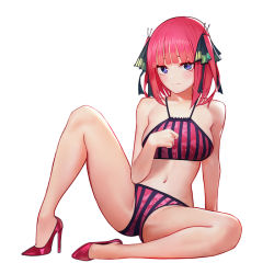 Rule 34 | 1girl, arm support, bad id, bad pixiv id, bare arms, bare shoulders, bikini, blunt bangs, blush, breasts, butterfly hair ornament, closed mouth, collarbone, floral print, full body, go-toubun no hanayome, hair ornament, high heels, knee up, looking at viewer, medium breasts, micat, nakano nino, navel, pink bikini, pink footwear, pink hair, print bikini, purple eyes, short hair, sitting, solo, spread legs, stomach, striped bikini, striped clothes, swimsuit, two side up, vertical-striped bikini, vertical-striped clothes