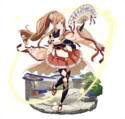 Rule 34 | 1girl, asuna (sao), bell, black thighhighs, bridal gauntlets, brown eyes, brown hair, floating hair, flower, frilled skirt, frills, full body, hair flower, hair ornament, hand fan, high ponytail, holding, holding fan, japanese clothes, leg up, long hair, looking at viewer, miniskirt, pink flower, pleated skirt, red skirt, simple background, skirt, smile, solo, standing, standing on one leg, sword art online, thighhighs, very long hair, white background