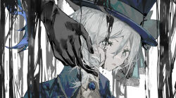 Rule 34 | 2girls, arcana (reverse:1999), blue brooch, blue coat, blue hair, blue headwear, blue ribbon, coat, collared shirt, commentary, english commentary, grey eyes, grey hair, hat, hat ribbon, highres, multiple girls, parted lips, pr0blemat1k phd, reverse:1999, ribbon, shirt, simple background, slime (substance), top hat, vertin (reverse:1999), white background, white shirt