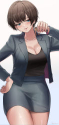 Rule 34 | 1boy, 1girl, absurdres, blue eyes, blush, breasts, brown hair, cleavage, giant, giantess, highres, kuroihassan, office lady, on shoulder, short hair, smile, thighs