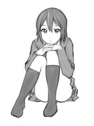Rule 34 | 1girl, ass, closed mouth, greyscale, inaba himeko, kokoro connect, legs, looking at viewer, monochrome, school uniform, short hair, simple background, sketch, skirt, socks, solo, ueyama michirou, white background