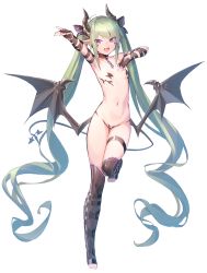Rule 34 | 1girl, absurdres, arm strap, bare shoulders, bat wings, belt, black thighhighs, blush, breasts, choker, collarbone, deluxe&lt;&lt;&lt;, demon girl, demon tail, fang, fingerless gloves, full body, gloves, green hair, hair ribbon, highres, horns, long hair, looking at viewer, midriff, navel, open mouth, original, pasties, pointy ears, purple eyes, revealing clothes, ribbon, ryisu (deluxe&lt;&lt;&lt;), short shorts, shorts, simple background, small breasts, smile, solo, strap, tail, thighhighs, toeless legwear, toes, twintails, very long hair, white background, wings