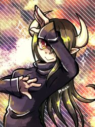 Rule 34 | 1girl, absurdres, arm up, black dress, brown hair, dress, hair over one eye, highres, horns, hotate oishii, long hair, long sleeves, looking at viewer, orange eyes, original, pointy ears, signature, sleeves past wrists, smile, solo, sparkle, striped background, sweater, sweater dress