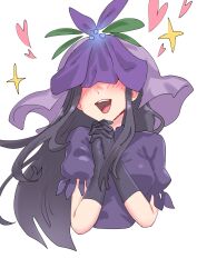 Rule 34 | 1girl, black gloves, black hair, blush, commentary request, covered eyes, cropped torso, facing viewer, flower, gloves, hair flower, hair ornament, heart, highres, long hair, open mouth, own hands clasped, own hands together, purple shirt, purple veil, shirt, simple background, smile, sobayu to tenpura, solo, sparkle, teeth, touhou, upper teeth only, veil, white background, yomotsu hisami