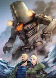 Rule 34 | 1boy, 1girl, aleksis kaidanovsky, armor, beard, blonde hair, body armor, cherno alpha, coat, couple, drivesuit, earth kream, embers, facial hair, giant robot, glowing, helmet, husband and wife, incinerator turbines, jacket, jaeger (pacific rim), joints, legendary pictures, lights, mecha, military, military uniform, military vehicle, ocean, open clothes, open coat, open jacket, pacific rim, pan pacific defense corps, robot, robot joints, sasha kaidanovsky, uniform, waves