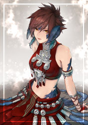 Rule 34 | 1girl, absurdres, arm support, armlet, au ra, warrior of light (ff14), black horns, breasts, brown eyes, brown hair, cam (cammero95713700), dragon horns, dragon tail, feather hair ornament, feathers, final fantasy, final fantasy xiv, hair ornament, highres, horns, jewelry, looking at viewer, medium breasts, midriff, ring, scales, short hair, sitting, sleeveless, tail