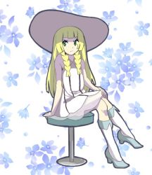 Rule 34 | &gt;:(, 1girl, bare arms, blonde hair, blue footwear, blunt bangs, braid, closed mouth, collared dress, creatures (company), crossed legs, dress, floral background, frown, game freak, green322, green eyes, hat, high heels, kneehighs, lillie (pokemon), long hair, looking at viewer, nintendo, pokemon, pokemon sm, shoes, sitting, sleeveless, sleeveless dress, socks, solo, sun hat, sundress, twin braids, v-shaped eyebrows, white dress, white hat, white socks