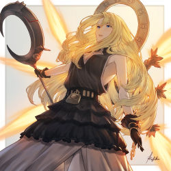 Rule 34 | 1girl, black dress, blonde hair, blue eyes, breasts, commission, dress, gloves, halo, holding, iseria queen, ivris, long hair, medium breasts, signature, skeb commission, sleeveless, solo, staff, star ocean, weapon, wings