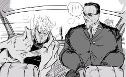 Rule 34 | ..., 2boys, bamman, black eyes, black hair, blonde hair, business suit, car interior, car seat, commentary, crossover, dio brando, english commentary, formal, frown, glasses, greyscale, heart, heart headband, highres, jojo no kimyou na bouken, looking at another, male focus, meme, metal gear (series), metal gear rising: revengeance, monochrome, multiple boys, muscular, necktie, scene reference, short hair, sitting, size difference, spoken ellipsis, stardust crusaders, steven armstrong, suit, upper body, vehicle interior
