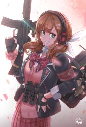 Rule 34 | absurdres, assault rifle, backpack, bag, breasts, explosive, girls&#039; frontline, gloves, green eyes, grenade, gun, hair ribbon, hand on own hip, headphones, highres, holding, holding weapon, howa type 89, howa type 89 (girls&#039; frontline), looking at viewer, medium breasts, multicolored background, pink shirt, pink skirt, ribbon, rifle, shirt, shu70077, skirt, smile, magazine (weapon), stuffed animal, stuffed toy, teddy bear, trigger discipline, twintails, weapon