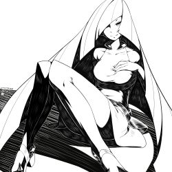 Rule 34 | 10s, 1girl, absurdres, alternate breast size, breasts, creatures (company), dress, full body, game freak, greyscale, hair over one eye, hand on own chest, high heels, highres, large breasts, long hair, looking at viewer, lusamine (pokemon), monochrome, nintendo, pokemon, pokemon sm, shadow, shoes, sitting, sleeveless, sleeveless dress, solo, very long hair, yan wan
