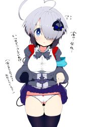 Rule 34 | ahoge, armband, belt buckle, blue eyes, bombergirl, buckle, cameltoe, cleft of venus, clothes lift, gloves, gray (bombergirl), hair over one eye, panties, ribbon, short hair, skirt, skirt lift, solo, tail, thighhighs, tottotonero, underwear