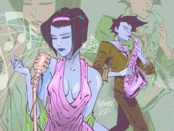 Rule 34 | breasts, cowboy bebop, faye valentine, highres, instrument, microphone, music, musical note, playing instrument, saxophone, spike spiegel