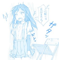 Rule 34 | 1girl, arm warmers, asashio (kancolle), blue theme, chair, commentary request, dress, dress shirt, gotou hisashi, kantai collection, long hair, monochrome, motion lines, pleated dress, school uniform, shirt, short sleeves, skirt, solo, standing, suspender skirt, suspenders, translation request