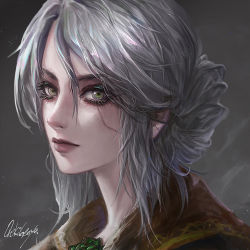 Rule 34 | 1girl, breasts, ciri, freckles, green eyes, jewelry, lips, long hair, looking at viewer, makeup, medium breasts, necklace, oreki genya, portrait, scar, short hair, silver hair, smile, solo, the witcher (series), the witcher 3