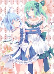 Rule 34 | 2girls, alternate costume, argyle, argyle background, argyle clothes, backless dress, backless outfit, bad id, bad pixiv id, bare shoulders, blue dress, blue eyes, blue hair, bow, cirno, closed mouth, collarbone, commentary request, daiyousei, dress, fairy wings, floral background, frilled dress, frills, green bow, green hair, hair between eyes, hair bow, highres, ice, ice wings, jewelry, looking at viewer, multiple girls, necklace, pearl necklace, shiromoru (yozakura rety), short dress, short hair, side ponytail, smile, touhou, white bow, white dress, wings