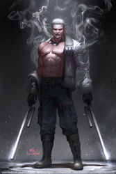 Rule 34 | 1boy, abs, artist name, bare pectorals, belt, boots, cigar, dual wielding, full body, gloves, goggles, goggles around neck, highres, holding, in-hyuk lee, jacket, male focus, muscular, muscular male, one piece, open clothes, open jacket, pectorals, scar, signature, smoke, smoker (one piece), solo, watermark, web address, white hair