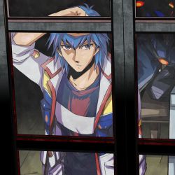 Rule 34 | 1boy, arm up, ashi ura, blue hair, bruno, bruno (yu-gi-oh!), collarbone, glass, indoors, long sleeves, looking at viewer, looking outside, male focus, shirt, solo, t-shirt, table, window, yu-gi-oh!, yu-gi-oh! 5d&#039;s