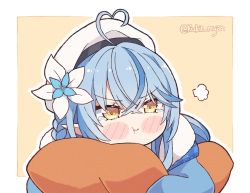Rule 34 | 1girl, ahoge, beret, blue coat, blue hair, blush stickers, braid, chibi, coat, colored tips, elf, flower, fur-trimmed coat, fur trim, hair flower, hair ornament, hat, heart, heart ahoge, hololive, kukie-nyan, long hair, multicolored hair, pointy ears, pout, side braid, sleeves past fingers, sleeves past wrists, solo, streaked hair, tearing up, twitter username, virtual youtuber, white hat, yellow eyes, yukihana lamy