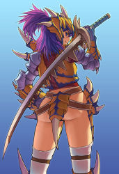 Rule 34 | 1girl, armor, ass, blue background, capcom, from behind, gauntlets, hand on own hip, helm, helmet, katana, looking back, michairu, monster hunter (series), ootachi, purple eyes, purple hair, smile, solo, sword, thighhighs, tigrex, tigrex (armor), weapon, white thighhighs