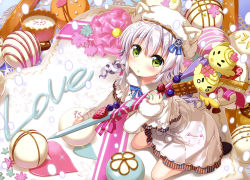 Rule 34 | 1girl, :o, absurdres, apron, bare legs, bitten, black footwear, blue ribbon, blueberry, blush, body blush, candy, capelet, chocolate, chocolate bar, copyright request, dress, english text, food, food writing, frilled apron, frills, from above, fruit, fujima takuya, fur-trimmed capelet, fur-trimmed hair tie, fur trim, green eyes, hair between eyes, hat, hat with ears, heart-shaped cake, highres, holding, holding pencil, kneeling, layered dress, looking at viewer, looking up, low twintails, mini person, minigirl, neck ribbon, official art, pencil, pink lips, ribbon, scan, solo, strawberry, stuffed animal, stuffed bird, stuffed toy, tongue, twintails, white apron, white capelet, white dress, white frills, white hair, white hat