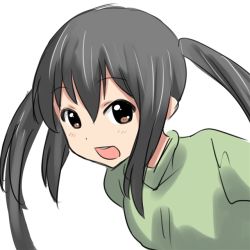 Rule 34 | 1girl, aaaa (quad-a), bad id, bad pixiv id, black hair, k-on!, long hair, looking at viewer, nakano azusa, open mouth, round teeth, simple background, smile, solo, teeth, twintails, white background