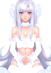 Rule 34 | 1girl, :o, asymmetrical bangs, bare shoulders, blue eyes, blunt bangs, blush, breasts, bustier, cleavage, collar, collarbone, cowboy shot, detached sleeves, expressionless, flower, hair flower, hair ornament, hands on stomach, hip focus, hip vent, kaizeru, lips, long hair, long sleeves, looking at viewer, midriff, navel, original, own hands together, panties, parted lips, rose, sidelocks, silver hair, simple background, skirt, sleeves past wrists, solo, standing, stomach, strapless, teeth, thighs, tube top, underwear, v arms, very long hair, white background, white flower, white panties, white rose, white skirt, white theme