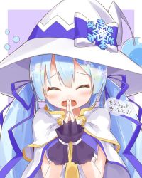 Rule 34 | 1girl, begging, blue bow, blue hair, blue nails, blue ribbon, blush, bow, cloak, closed eyes, commentary, dera fury, facing viewer, fingerless gloves, gloves, hair ribbon, hands up, hat, hat bow, hatsune miku, large hat, light blue hair, light blush, long hair, nail polish, necktie, open mouth, own hands together, purple gloves, ribbon, simple background, snowflake ornament, snowflake print, snowflakes, solo, translated, twintails, upper body, vocaloid, white cloak, white hat, witch hat, yellow necktie, yuki miku, yuki miku (2014)