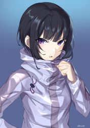 Rule 34 | 1girl, akamoku, bad id, bad pixiv id, black hair, blue background, commentary request, drawstring, hand up, high collar, highres, idolmaster, idolmaster cinderella girls, jacket, long sleeves, looking at viewer, parted lips, purple eyes, purple jacket, shirayuki chiyo, sidelocks, simple background, solo, twitter username, upper body, v-shaped eyebrows