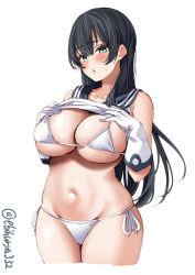 Rule 34 | 1girl, agano (kancolle), alternate costume, aqua eyes, bikini, black hair, blush, breasts, cleavage, clothes lift, cowboy shot, cropped legs, ebifurya, furrowed brow, gloves, hands up, highres, kantai collection, large breasts, lifting own clothes, long hair, looking at viewer, midriff, navel, one-hour drawing challenge, parted lips, sailor collar, shirt lift, side-tie bikini bottom, simple background, skindentation, solo, string bikini, swimsuit, thighs, twitter username, underboob, very long hair, white background, white bikini, white gloves