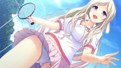 Rule 34 | 1girl, blonde hair, blush, breasts, chain-link fence, collared shirt, day, fence, game cg, holding, holding racket, large breasts, long hair, making lover, naruse saki, non-web source, official art, open mouth, panties, pink skirt, pleated skirt, puffy short sleeves, puffy sleeves, purple eyes, racket, shirt, short sleeves, skirt, smile, sportswear, sweat, taniyama-san, tennis racket, tennis uniform, underwear, upskirt, very long hair, white panties, wind, wind lift