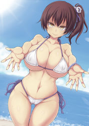 Rule 34 | 10s, 1girl, bikini, breasts, brown hair, cleavage, collarbone, comic, cowboy shot, day, flower, gradient background, hair flower, hair ornament, halterneck, huge breasts, jema, jewelry, kaga (kancolle), kantai collection, looking at viewer, navel, necklace, outdoors, outstretched arms, reaching, reaching towards viewer, side-tie bikini bottom, side ponytail, solo, swimsuit, thigh gap, water, white bikini, yellow eyes