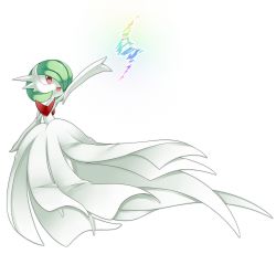 Rule 34 | 1girl, absurdres, arm up, bare shoulders, bob cut, colored skin, creatures (company), dress, elbow gloves, female focus, flat chest, full body, game freak, gardevoir, gen 3 pokemon, gloves, green hair, hair over one eye, happy, highres, looking up, lotosu, mega evolution, mega gardevoir, mega pokemon, nintendo, open mouth, outstretched arm, pokemon, pokemon (creature), red eyes, short hair, simple background, smile, solo, standing, strapless, strapless dress, white background, white dress, white gloves, white skin