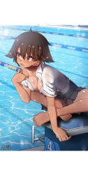Rule 34 | 1girl, barefoot, blush, breasts, brown eyes, brown hair, cleavage, clothes pull, crossed legs, dark-skinned female, dark skin, indoors, large breasts, looking to the side, megadeko, no bra, open clothes, open mouth, original, pool, short hair, skirt, solo, sweat, tan, tanline, tomboy