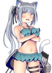 Rule 34 | 1girl, absurdres, animal ear fluff, animal ears, bikini, black ribbon, blush, breasts, cat ears, cat tail, collarbone, commentary request, cowboy shot, crossed arms, fang, green bikini, grey hair, hair ribbon, highres, kantai collection, kasumi (kancolle), kuromayu, long hair, medium breasts, navel, open mouth, ribbon, side ponytail, simple background, solo, swimsuit, tail, white background, yellow eyes