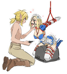 Rule 34 | 1boy, 1girl, alternate costume, apron, arms behind back, artist name, bdsm, blonde hair, blue dress, blue footwear, blush, bondage, boots, bound, bound arms, bound wrists, breast bondage, breasts, brown footwear, commission, dress, drooling, elbow gloves, enmaided, eudetenis, flower, full body, garter straps, gloves, green eyes, hair flower, hair ornament, heart, hetero, high heels, highres, knee boots, large breasts, link, maid, maid apron, maid headdress, mixed-language commentary, nintendo, object insertion, open mouth, pointy ears, princess zelda, red rope, restrained, rope, saliva, sex machine, shibari, shibari over clothes, short hair, sidelocks, strappado, sybian, the legend of zelda, the legend of zelda: tears of the kingdom, thighhighs, tongue, tongue out, topless male, vaginal, vaginal object insertion, white apron, white gloves, white thighhighs
