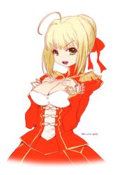 Rule 34 | 10s, 1girl, ahoge, blonde hair, dress, epaulettes, fate/extra, fate (series), green eyes, hair intakes, looking at viewer, mudou eichi, nero claudius (fate), nero claudius (fate), nero claudius (fate/extra), open mouth, red dress, solo, twitter username, white background