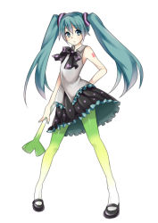 Rule 34 | 1girl, aqua eyes, aqua hair, arm tattoo, food-themed clothes, full body, gradient legwear, hatsune miku, long hair, mary janes, multicolored clothes, multicolored legwear, number tattoo, pantyhose, ribbon, shoes, simple background, solo, spring onion, tattoo, twintails, vocaloid
