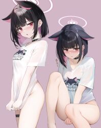 Rule 34 | 1girl, animal ears, ass, black choker, black hair, blue archive, blush, breasts, cat ears, choker, closed mouth, colored inner hair, extra ears, groin, halo, highres, kazusa (band) (blue archive), kazusa (blue archive), medium breasts, multicolored hair, multiple views, no panties, no pants, official alternate costume, pink hair, pink halo, purple background, purple eyes, red eyes, ryouta (ryouta335), shirt, short hair, short sleeves, simple background, thigh strap, white shirt