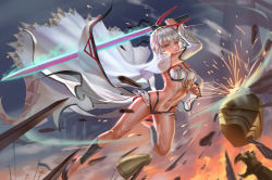 Rule 34 | 10s, 1girl, absurdres, altera (fate), bare shoulders, battlefield, blunt bangs, breasts, cleavage, closed mouth, dark-skinned female, dark skin, detached sleeves, fate/extella, fate/extra, fate/grand order, fate (series), fighting stance, flag, full-body tattoo, full body, god hunter, headdress, helmet, highres, holding, holding weapon, legs, looking at viewer, medium breasts, midriff, navel, night, outdoors, photon ray (fate), polearm, pubic tattoo, red eyes, red footwear, short hair, showgirl skirt, skirt, sky, socks, solo, sparks, stomach tattoo, sword, tagme, tan, tattoo, thighs, weapon, white hair, white skirt